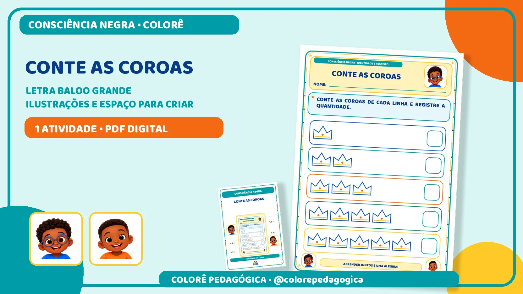 Conte as coroas | Matemática e Consciência Negra — amostra 2: Atividade de contagem de coroas de 1 a 5 com registro das…