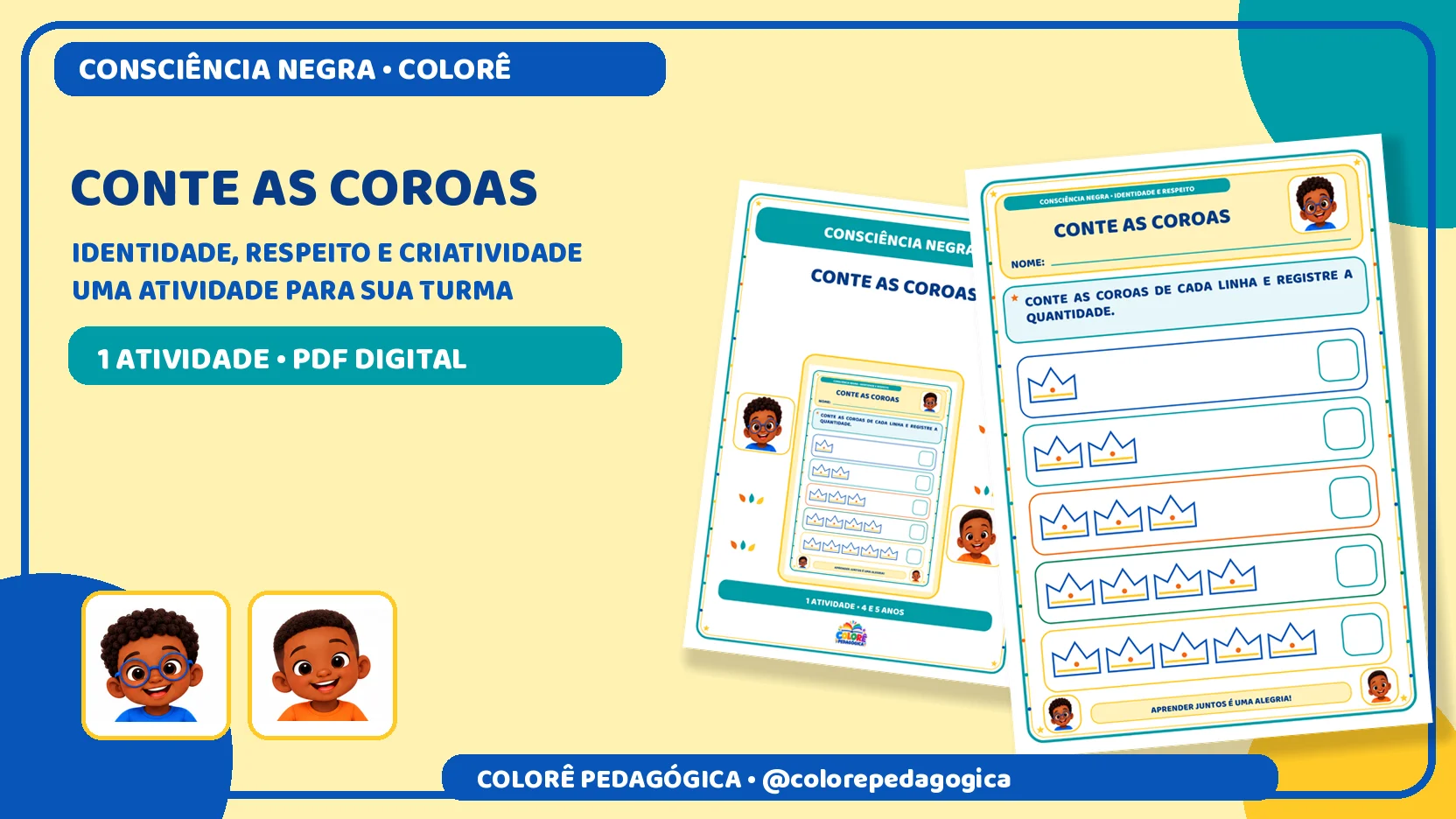 Conte as coroas | Matemática e Consciência Negra — amostra 3: Atividade de contagem de coroas de 1 a 5 com registro das…