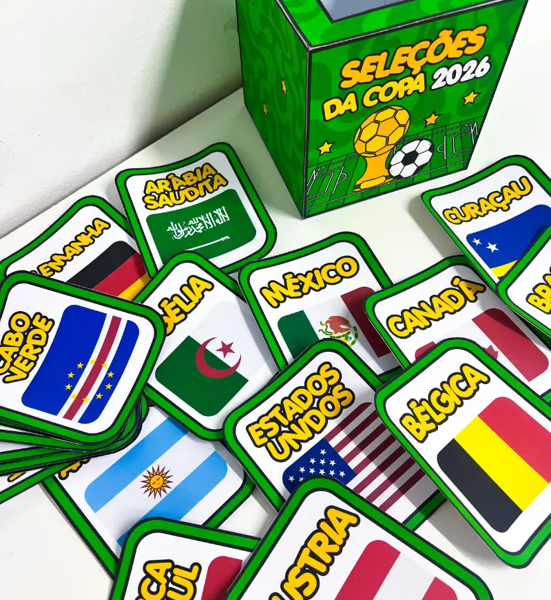 Copa do Mundo 2026: Caixa com Países e Bandeiras das Seleções — amostra 2: O que vem no material