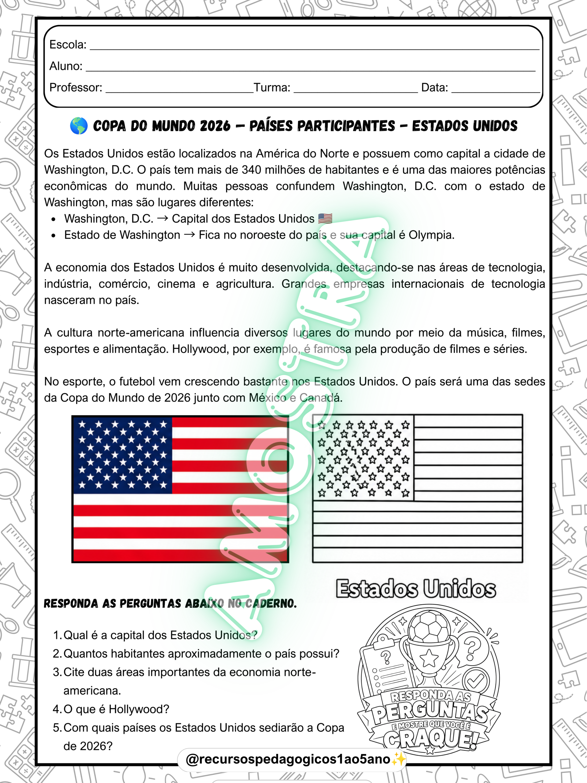 Copa do Mundo 2026 – Países participantes e Flipbook – PDF para Imprimir | Anos Iniciais — amostra 3: Formato e entrega