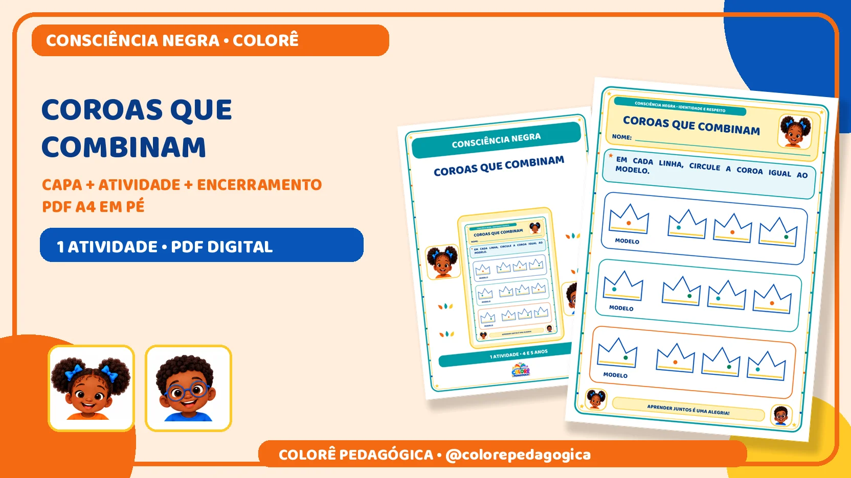 Coroas que combinam | Consciência Negra Educação Infantil — amostra 1: Produto digital para impressão em A4, na orientação…
