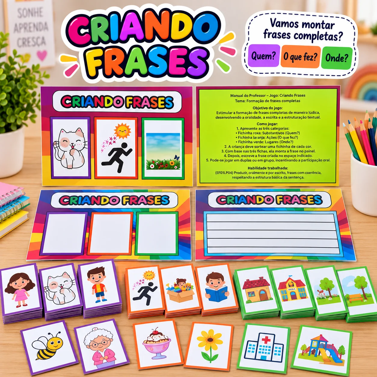 Criando Frases – Jogo de Formação de Frases — Jogos pedagógicos para 1º ano: Jogo com fichas de substantivos, ações e…