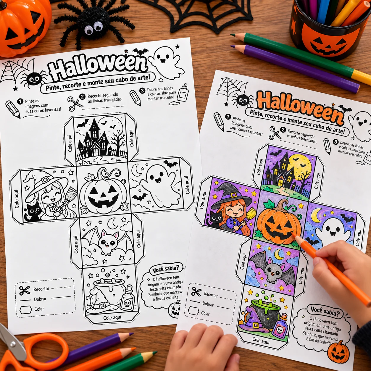 Lembrancinha de Halloween para Colorir, Recortar e Montar 3D — amostra 1: Cubo de Halloween para Colorir, Recortar e Montar…