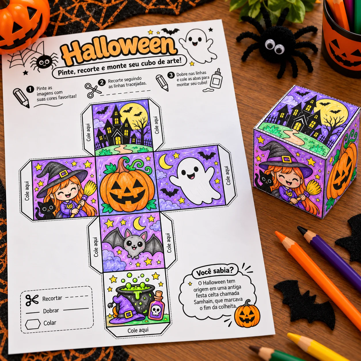 Lembrancinha de Halloween para Colorir, Recortar e Montar 3D — amostra 3: Como usar a atividade?