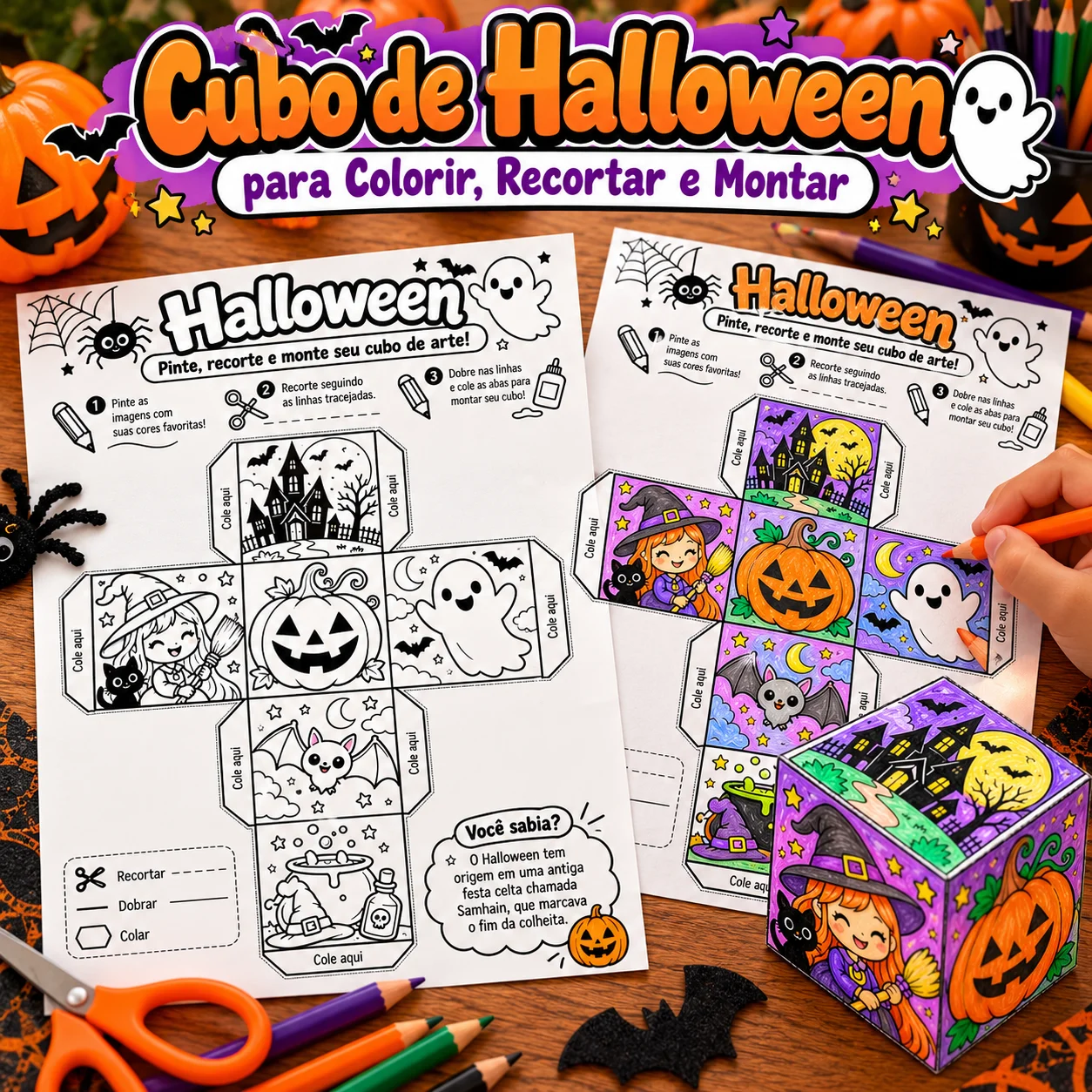 Lembrancinha de Halloween para Colorir, Recortar e Montar 3D — Inglês para Educação Infantil: Cubo de Halloween para…