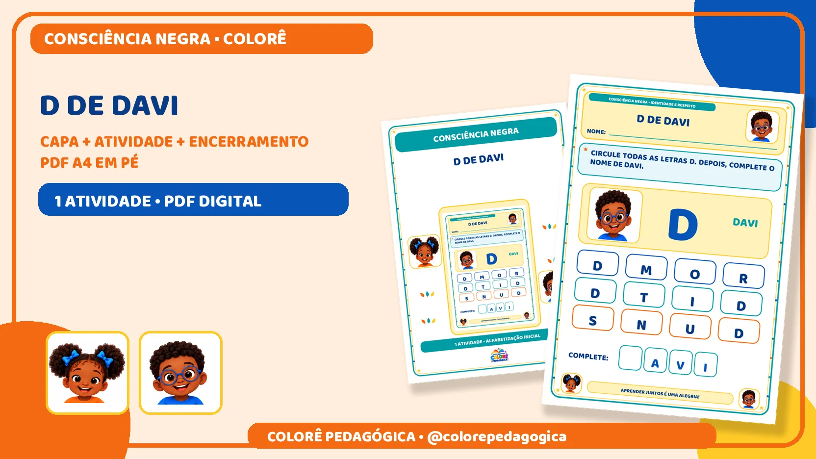 D de Davi | Letra D e Consciência Negra Alfabetização — amostra 1: Produto digital para impressão em A4, na orientação…