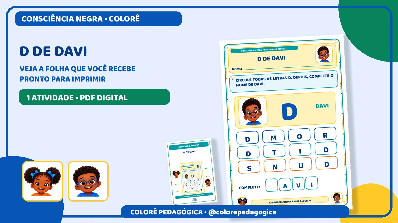 D de Davi | Letra D e Consciência Negra Alfabetização — capa do material
