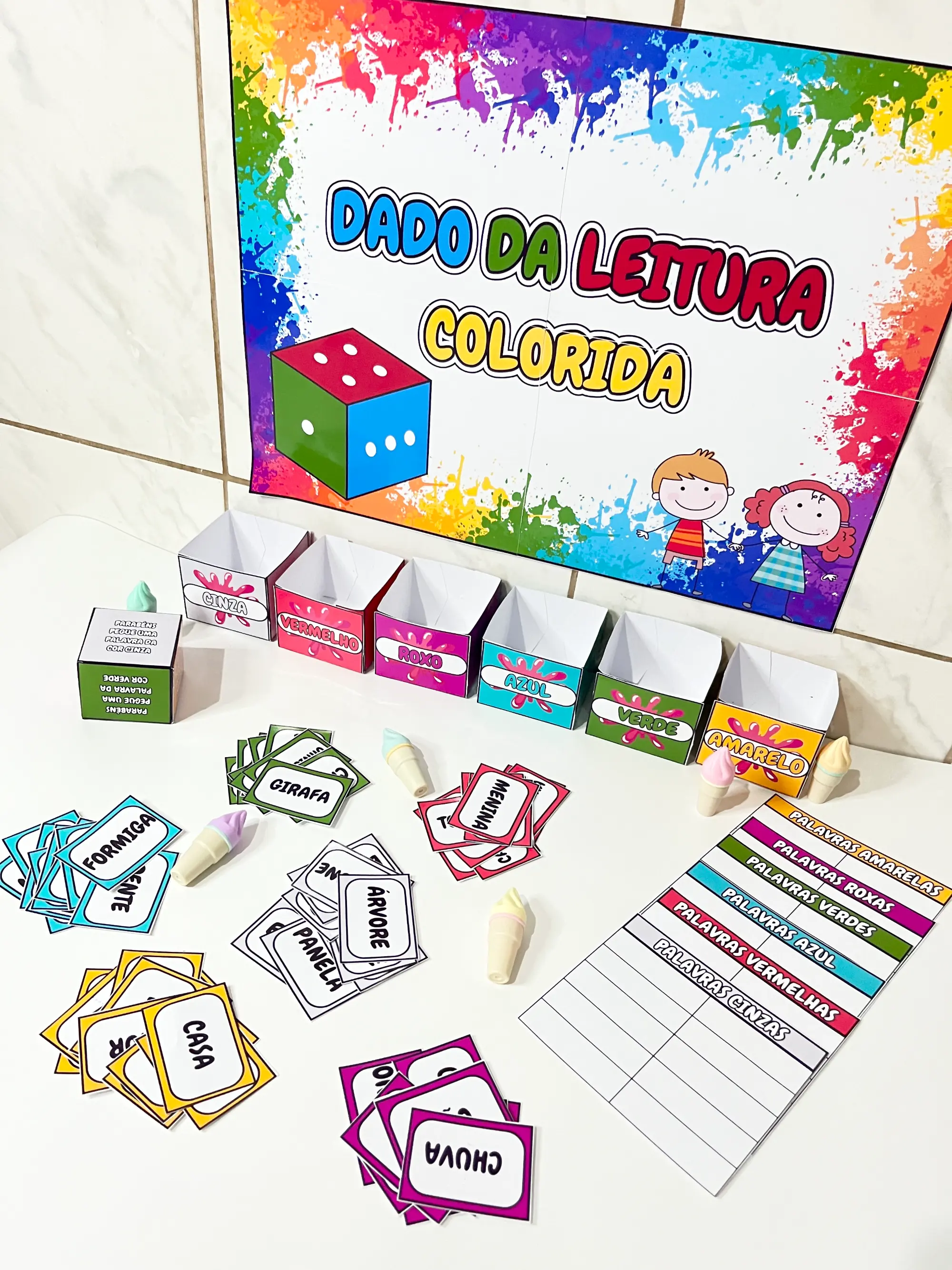 Dado da Leitura Colorida – Jogo de Alfabetização — amostra 2: Jogo pedagógico com dados coloridos e fichas de palavras para…