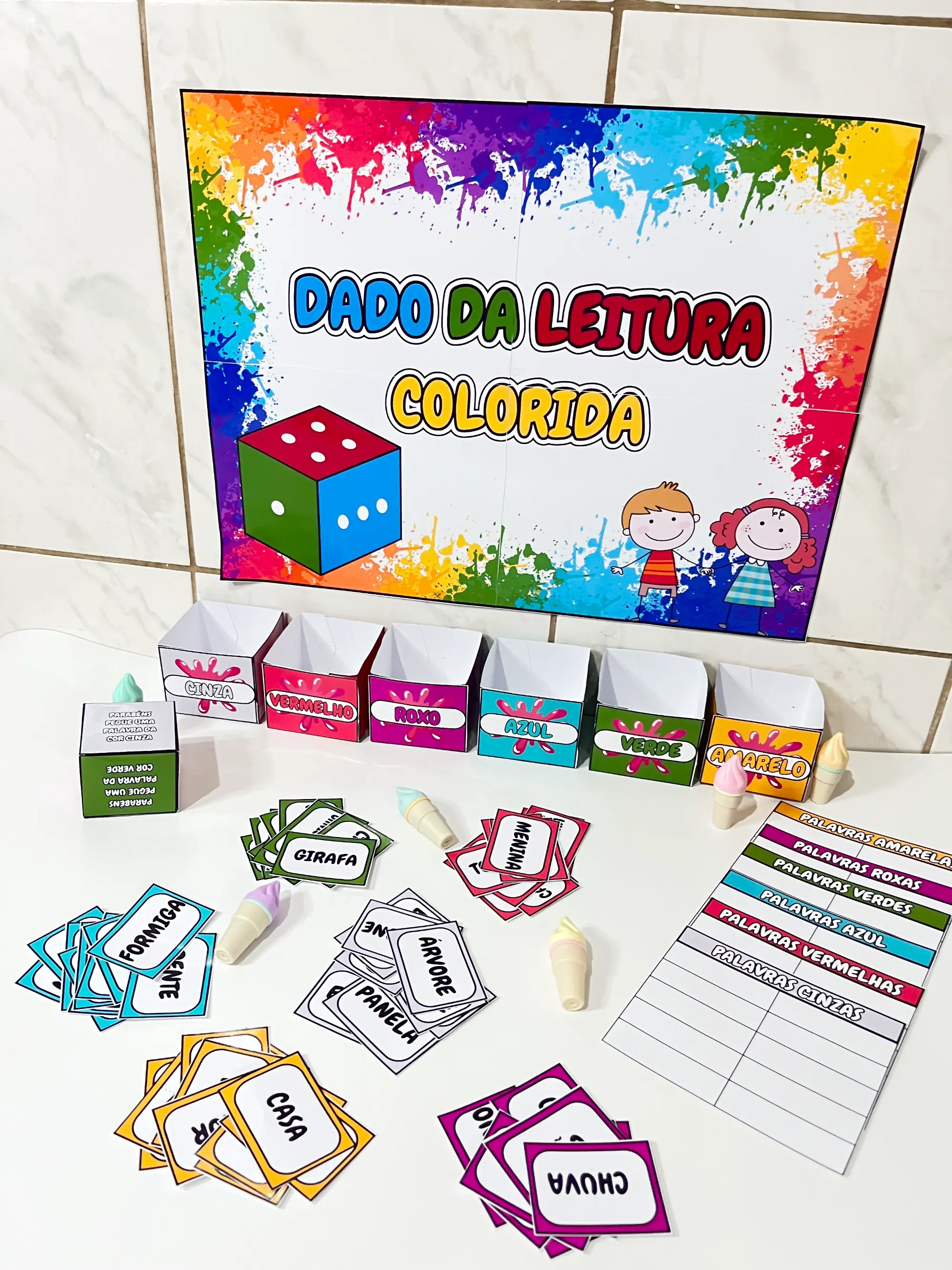 Dado da Leitura Colorida – Jogo de Alfabetização — amostra 4: Jogo pedagógico com dados coloridos e fichas de palavras para…