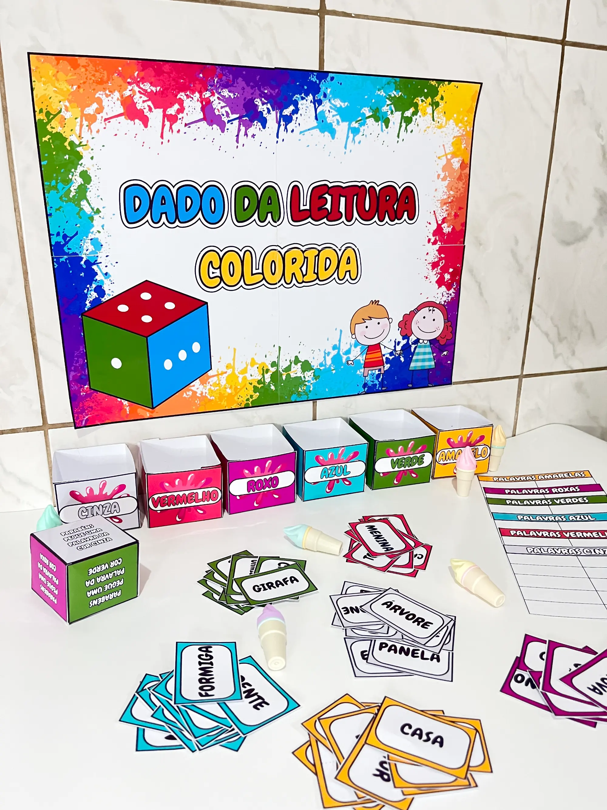 Dado da Leitura Colorida – Jogo de Alfabetização — amostra 5: Jogo pedagógico com dados coloridos e fichas de palavras para…