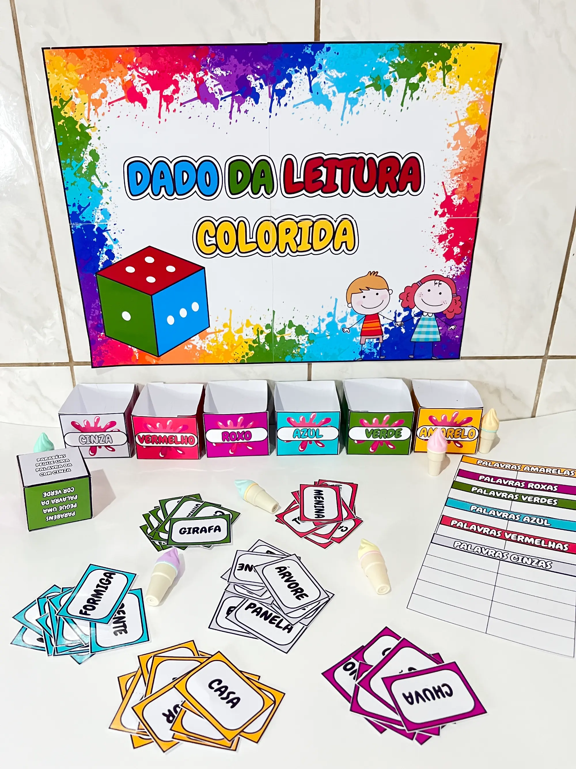 Dado da Leitura Colorida – Jogo de Alfabetização — amostra 6: Jogo pedagógico com dados coloridos e fichas de palavras para…