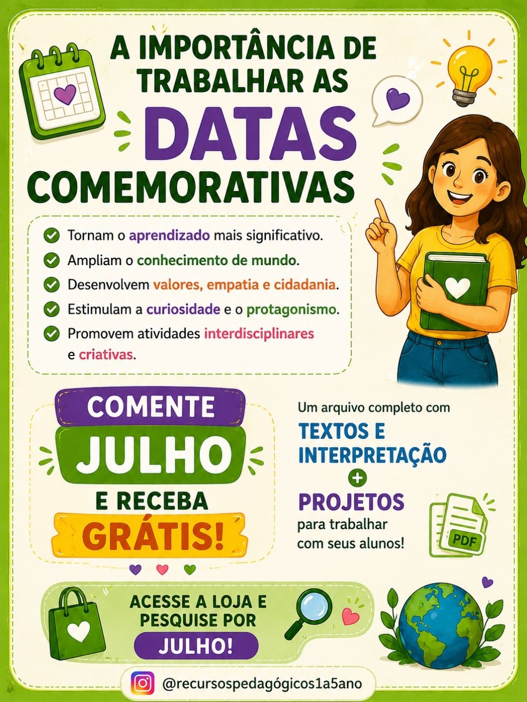 Datas comemorativas julho GRÁTIS – PDF para Imprimir | Anos Iniciais — amostra 1: 📅✨ Datas comemorativas Julho GRÁTIS