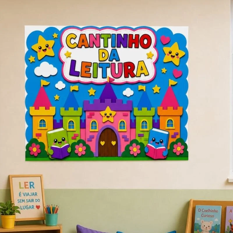 Decoração Cantinho da Leitura para Sala de Aula — amostra 1: Apresento para você esse painel encantador “Cantinho da…