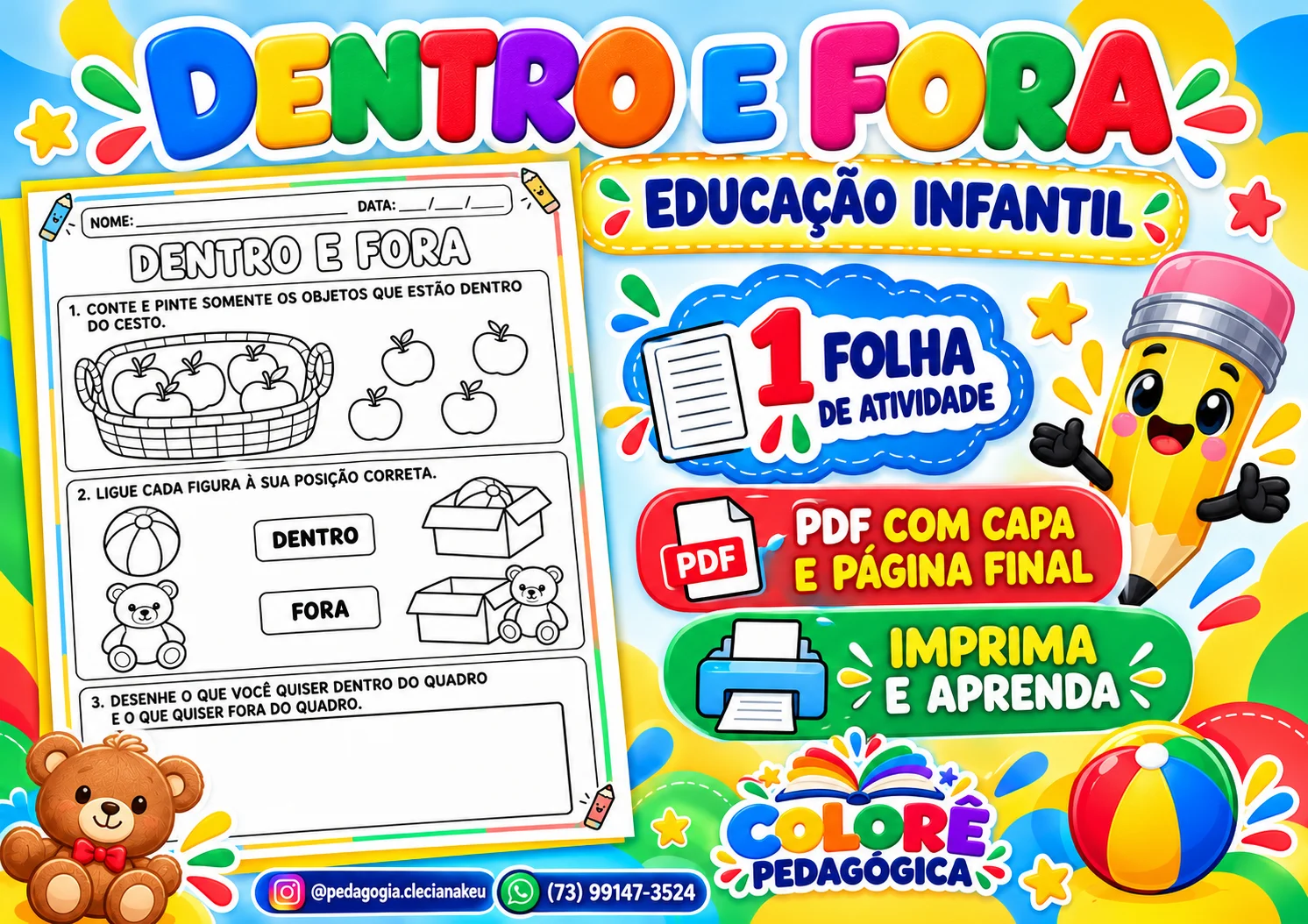 Dentro e Fora — Atividade de Matemática para Educação Infantil — amostra 1: O PDF contém 3 páginas A4: capa, uma folha de…