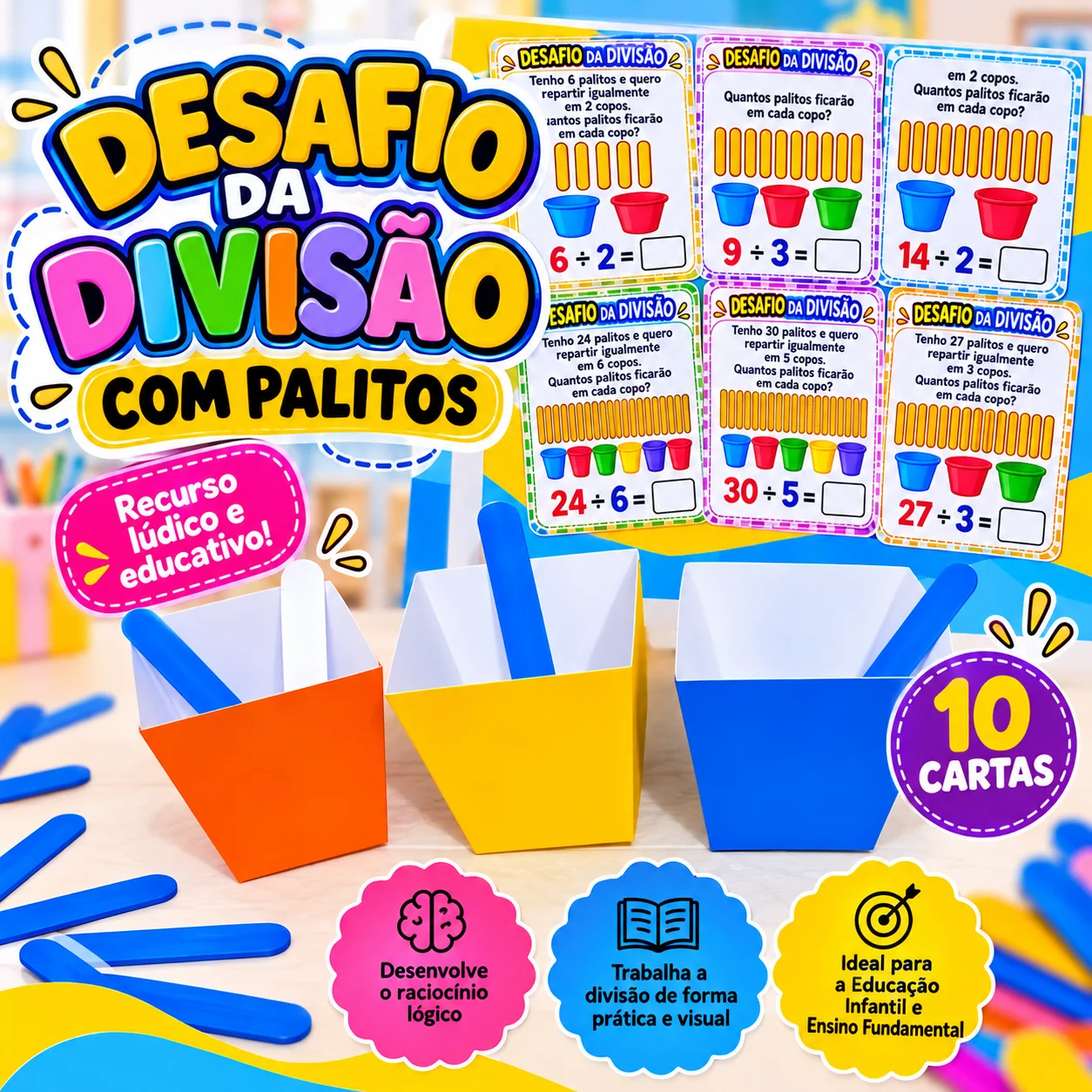 Desafio da Divisão com Palitos em PDF | Jogo Pedagógico de Matemática — amostra 4: Ensine divisão de forma lúdica, prática…