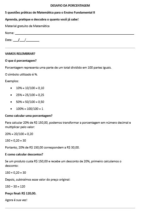 Desafio da Porcentagem - EF II — amostra 1: 5 questões desafiadoras sobre porcentagem para EF II
