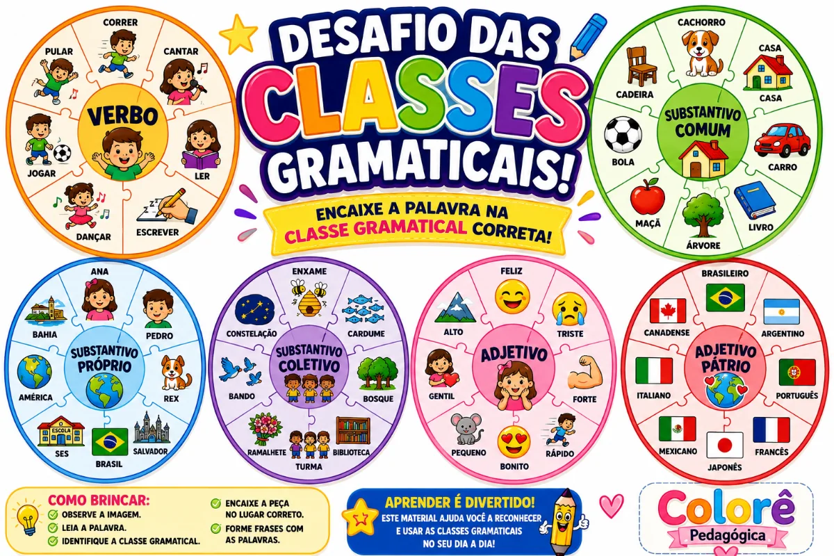 ✨ DESAFIO DAS CLASSES GRAMATICAIS ✨🧩 VERBO, ADJETIVO... — capa do material