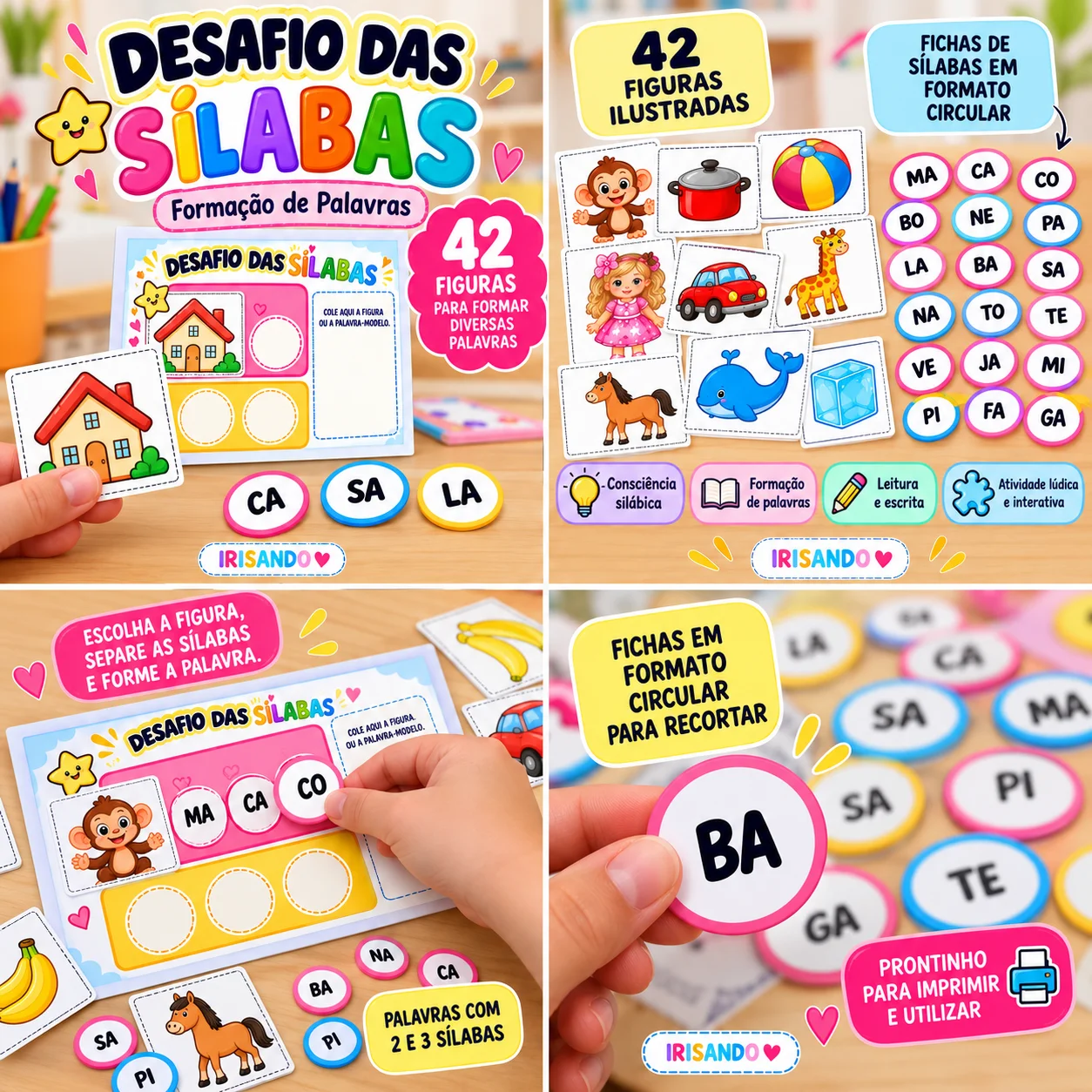Desafio das Sílabas – Formação de Palavras — amostra 1: A criança escolhe uma figura, identifica seu nome e procura as…