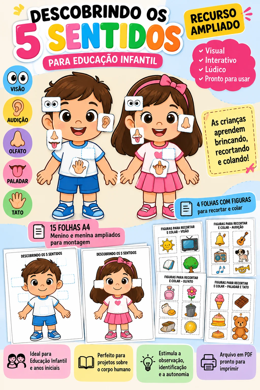 DESCOBRINDO OS 5 SENTIDOS- CIENCIAS ALFABETIZAÇÃO — capa do material