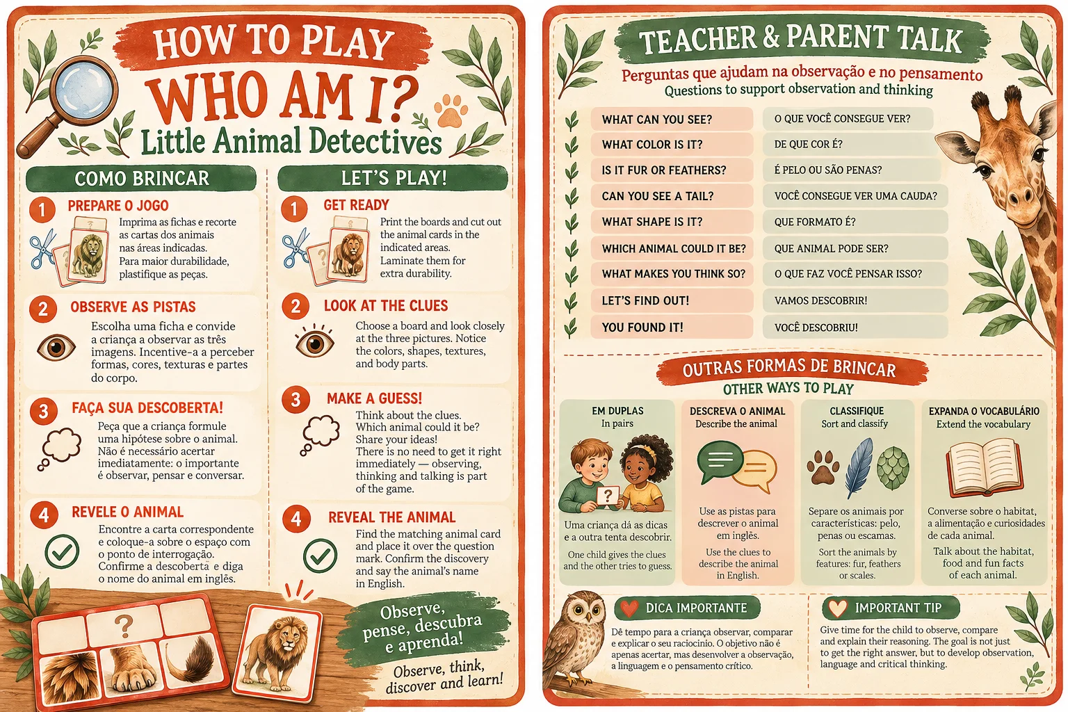 Descubra o Animal! | Jogo de Adivinhação em Inglês com 14 Animais — amostra 2: Crianças de 4 a 8 anos.
