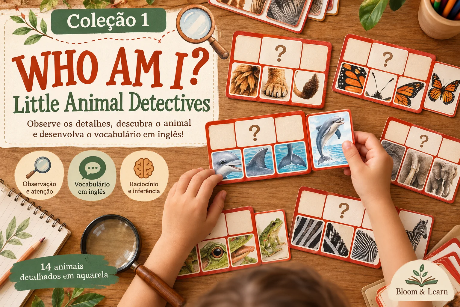 Descubra o Animal! | Jogo de Adivinhação em Inglês com 14 Animais — capa do material