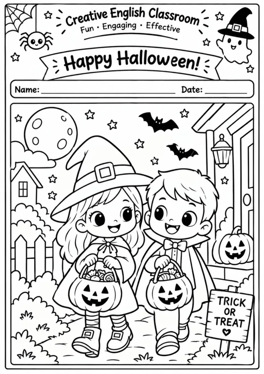 Desenhos de Halloween para Pintar | 14 Atividades A4 — amostra 5: 14 desenhos encantadores de Halloween para pintar