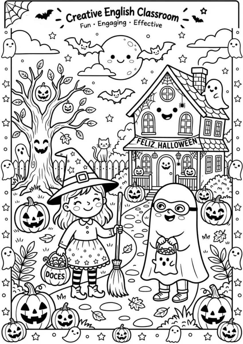 Desenhos de Halloween para Pintar | 14 Atividades A4 — amostra 7: 14 desenhos encantadores de Halloween para pintar