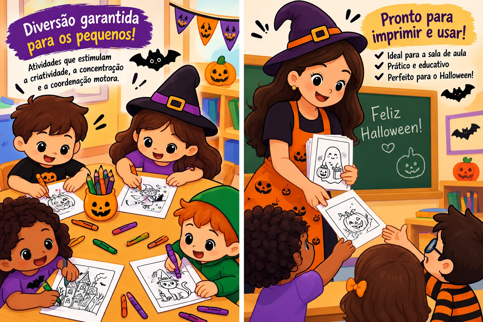 Desenhos para Colorir Halloween PDF – 10 Desenhos Infantis — amostra 4: 10 desenhos de Halloween para colorir em PDF, com…