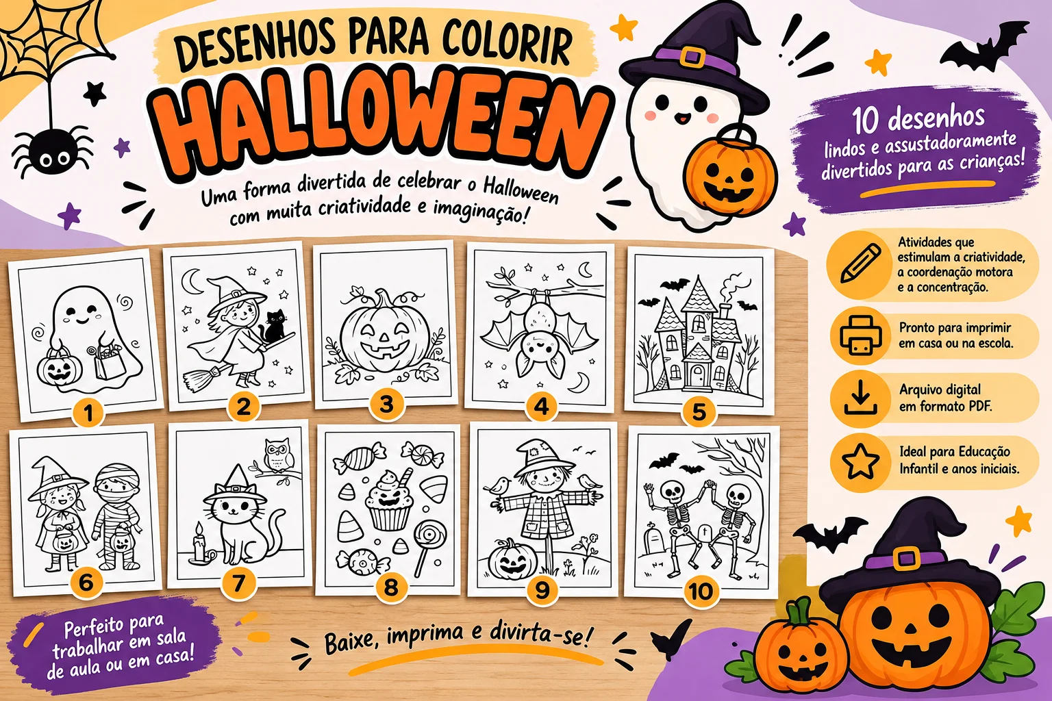 Desenhos para Colorir Halloween PDF – 10 Desenhos Infantis — capa do material