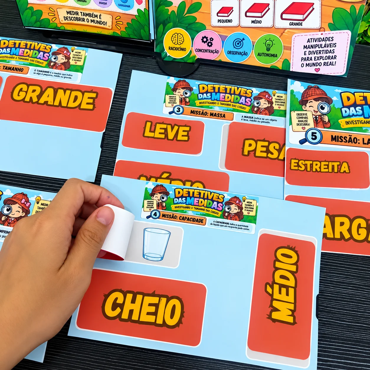 Detetives das Medidas | Jogo Matemático de Grandezas e Medidas — amostra 1: 🔎 Ao longo das missões, a criança pode explorar