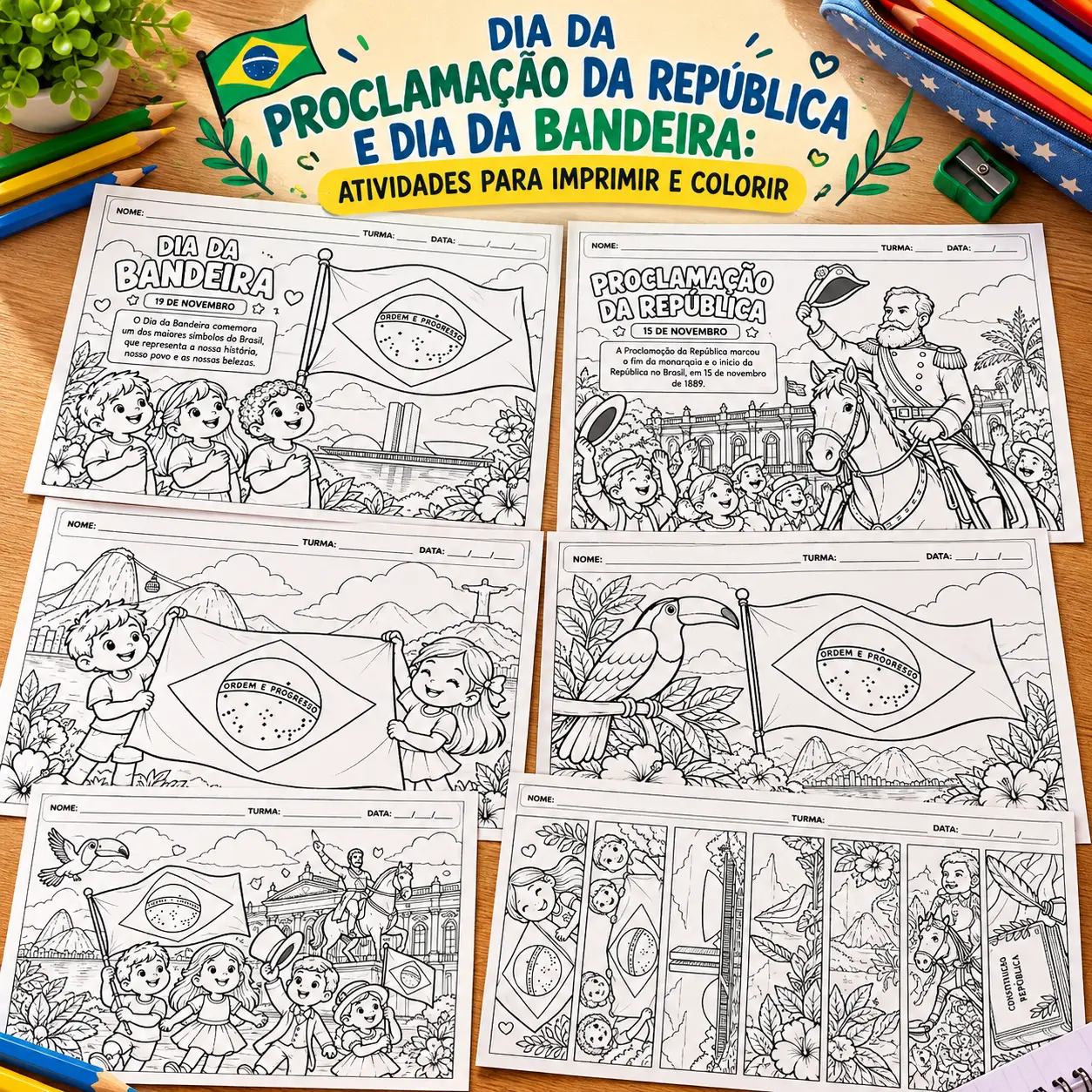 Dia da Bandeira e Proclamação da República: ilustrações para colorir — História para Educação Infantil: Kit com + de 8…