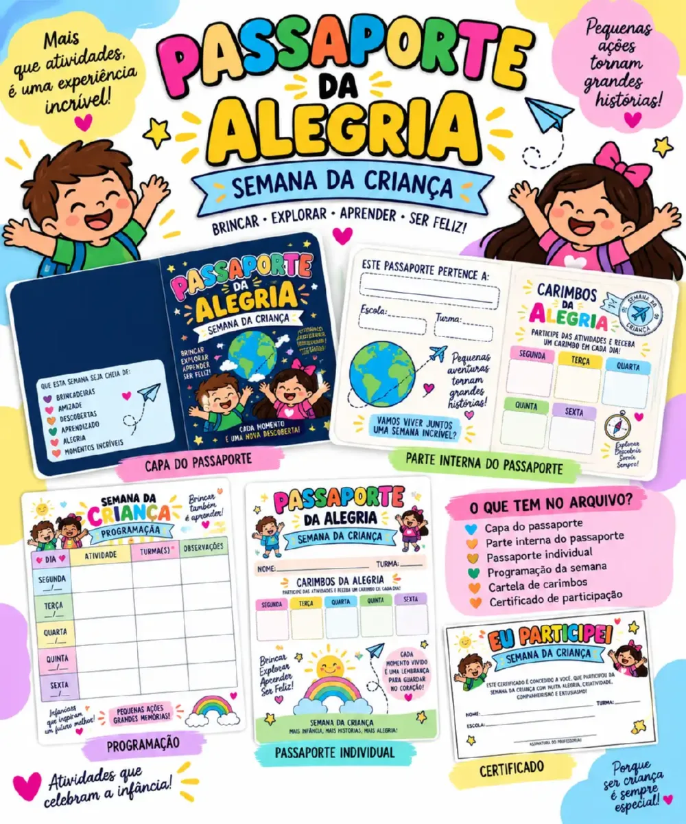 Dia da Criança: Kit de Atividades, Desafios e Passaporte da Alegria — Jogos pedagógicos para Educação Infantil: Kit para…
