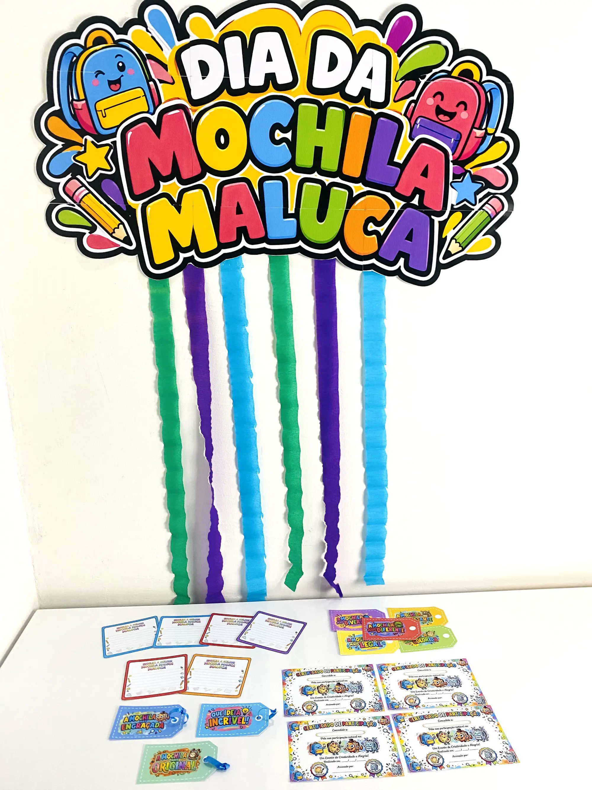 Dia da Mochila Maluca – Kit com Painel, Certificado e Votação para Imprimir — amostra 1: Como usar em sala de aula