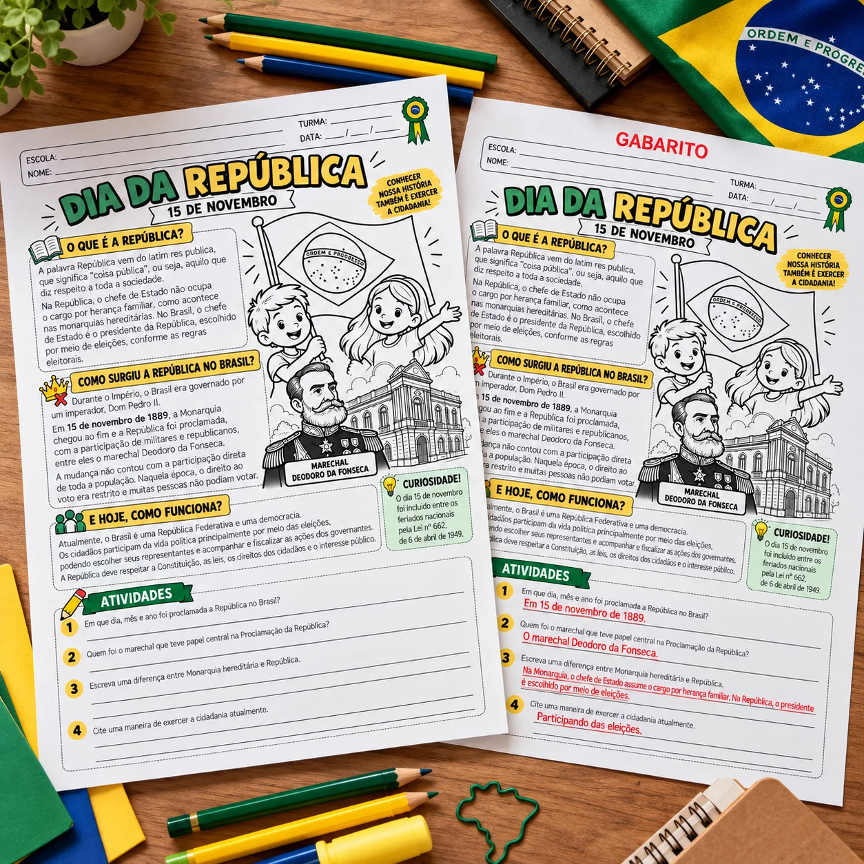 Dia da República: Kit de Atividades para Imprimir com Gabarito — amostra 4: Kit Dia da República com atividades para…