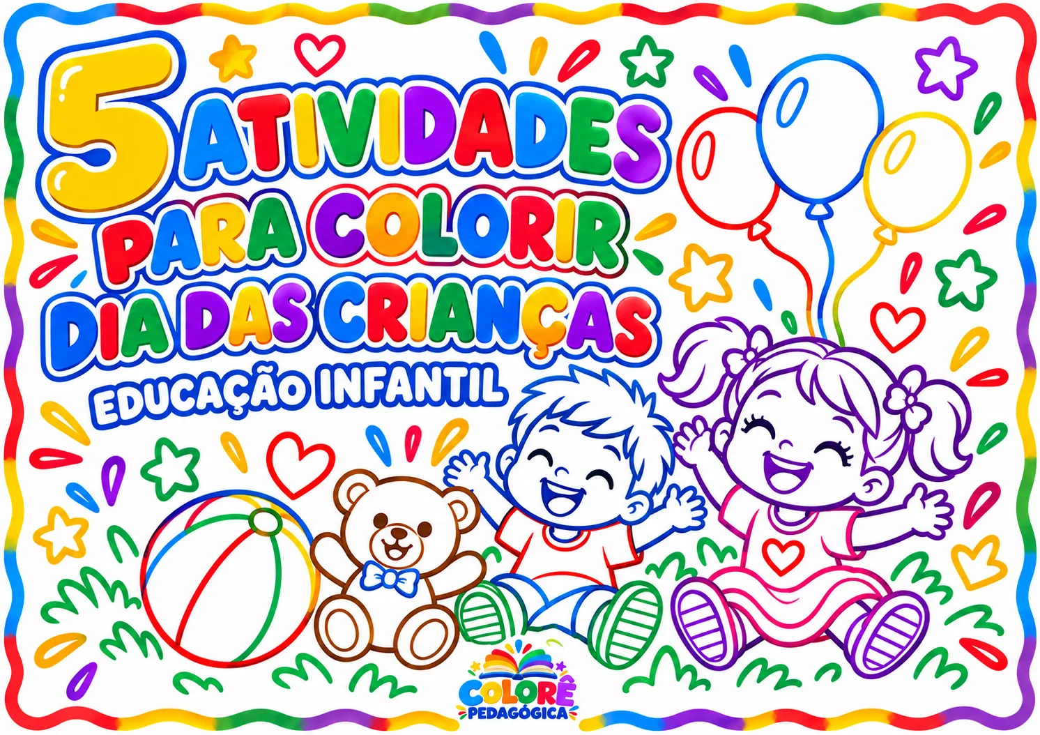 Dia das Crianças: 5 Desenhos para Colorir com Contornos Coloridos. — Alfabetização para Educação Infantil: Celebre o Dia…