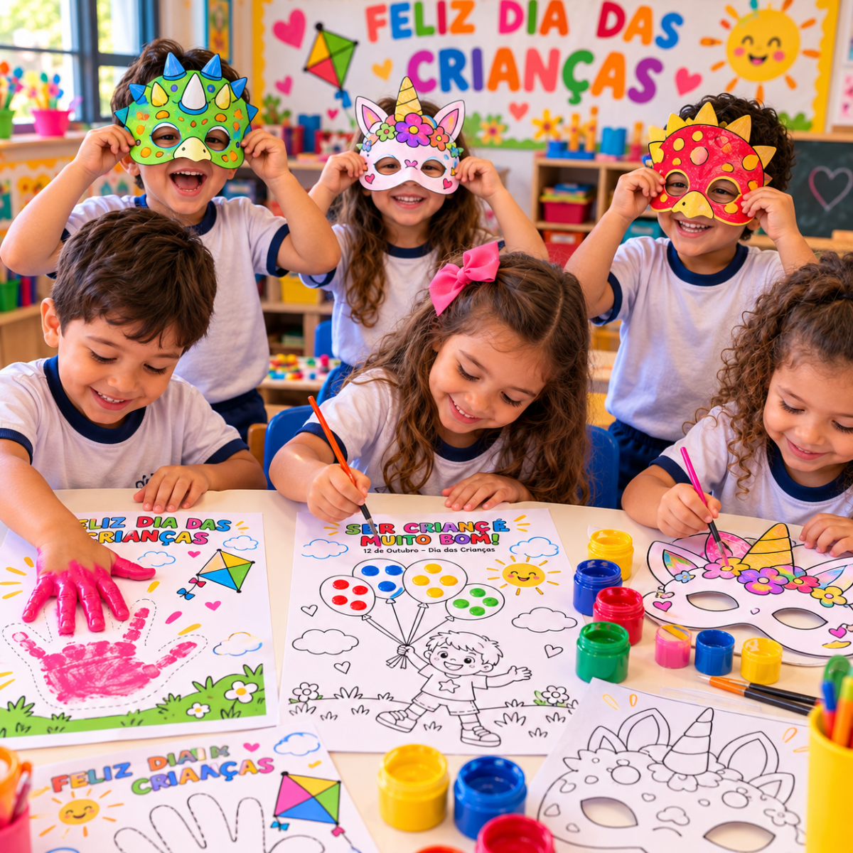 Dia das Crianças: Máscaras para Colorir e Carimbo das Mãos — Atividades para Educação Infantil: Kit de Arte para Educação…