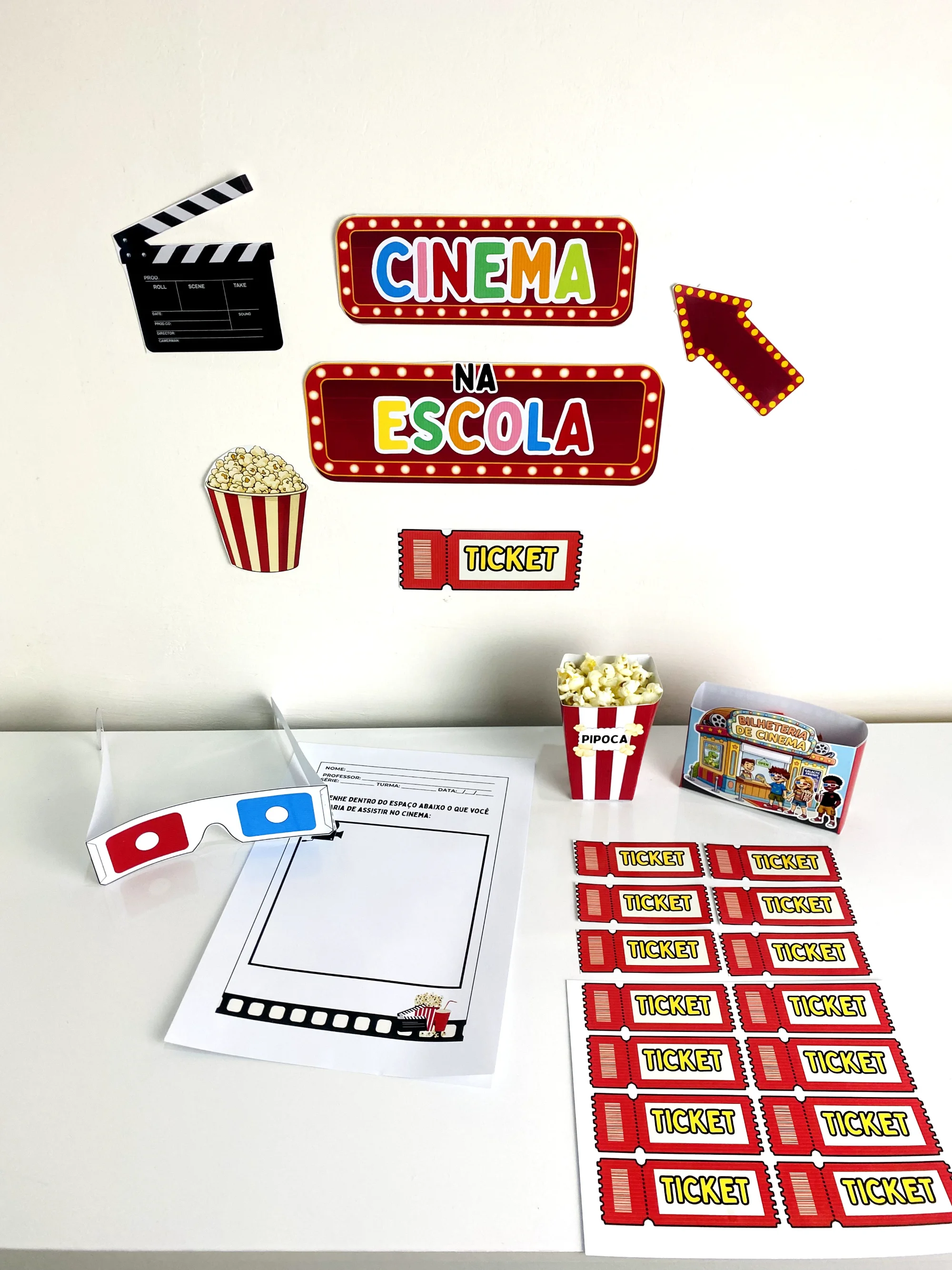Dia do Cinema na Escola – Kit Cinema para Imprimir — amostra 2: Kit Dia do Cinema na Escola com painel, óculos 3D, tickets,…
