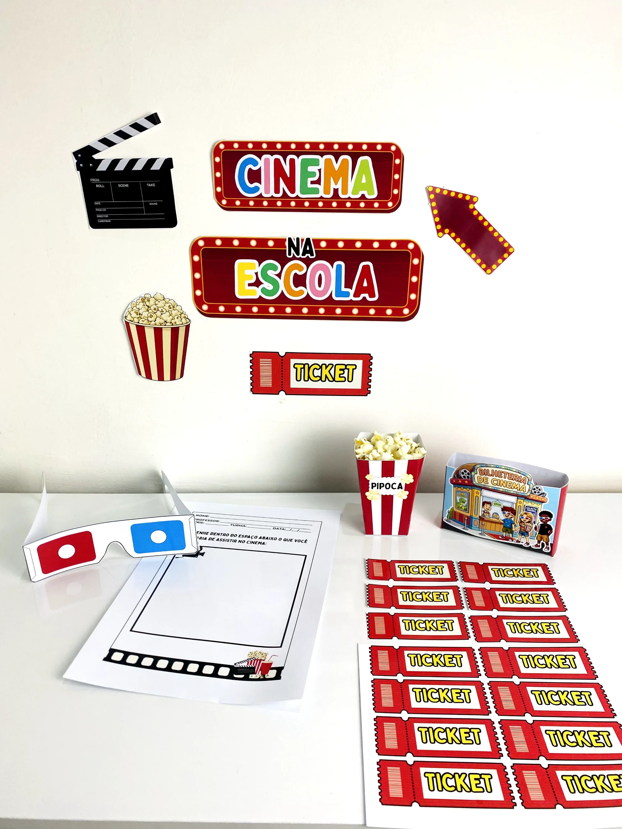 Dia do Cinema na Escola – Kit Cinema para Imprimir — amostra 3: Kit Dia do Cinema na Escola com painel, óculos 3D, tickets,…