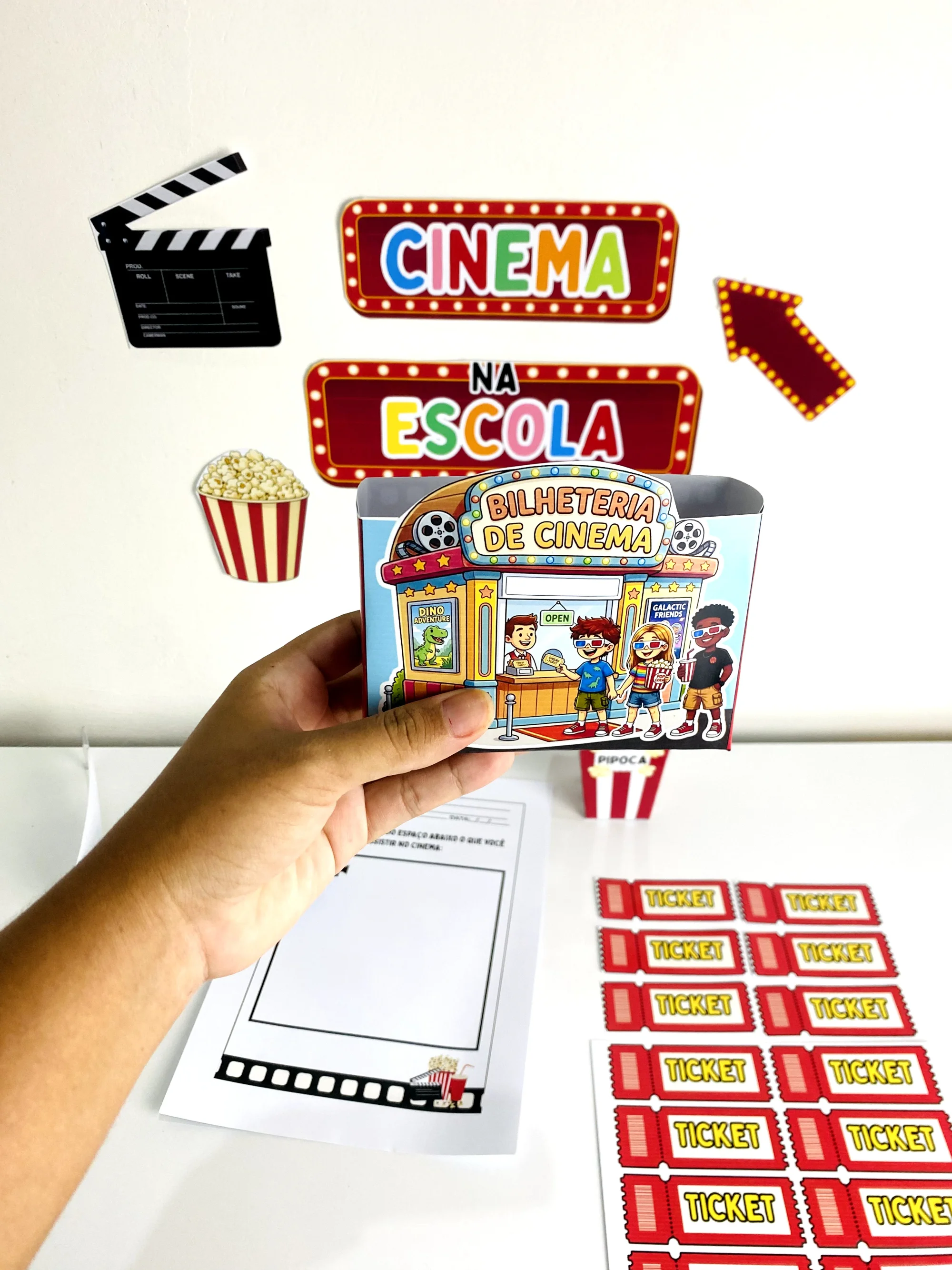 Dia do Cinema na Escola – Kit Cinema para Imprimir — amostra 5: Kit Dia do Cinema na Escola com painel, óculos 3D, tickets,…