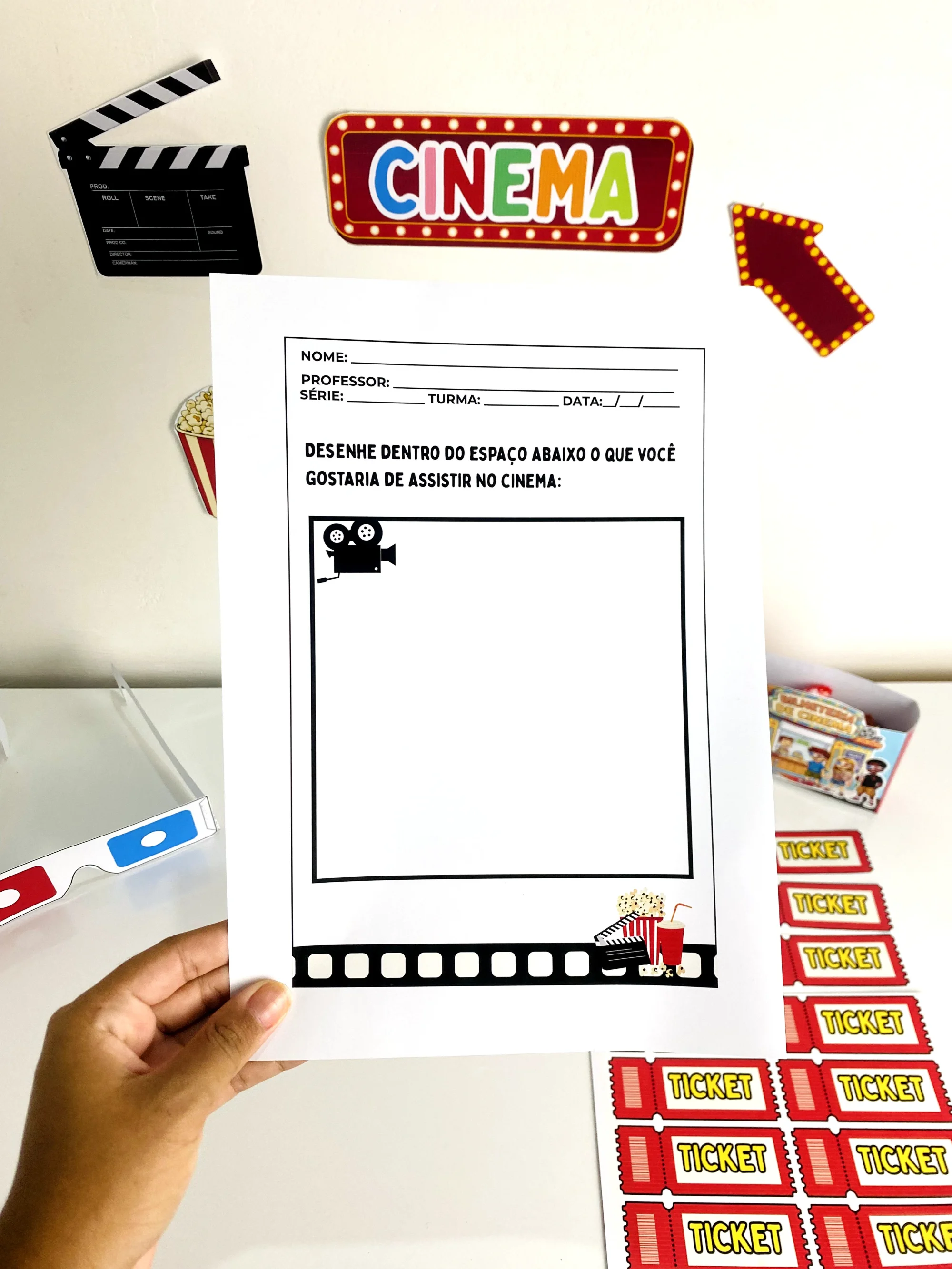 Dia do Cinema na Escola – Kit Cinema para Imprimir — amostra 7: Kit Dia do Cinema na Escola com painel, óculos 3D, tickets,…