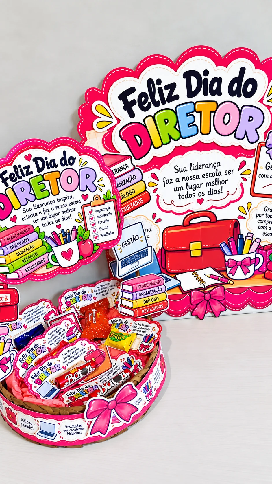 Dia do Diretor Escolar – Cestinha e Painel em PDF — amostra 5: Kit Dia do Diretor Escolar com cestinha de lembrancinhas,…