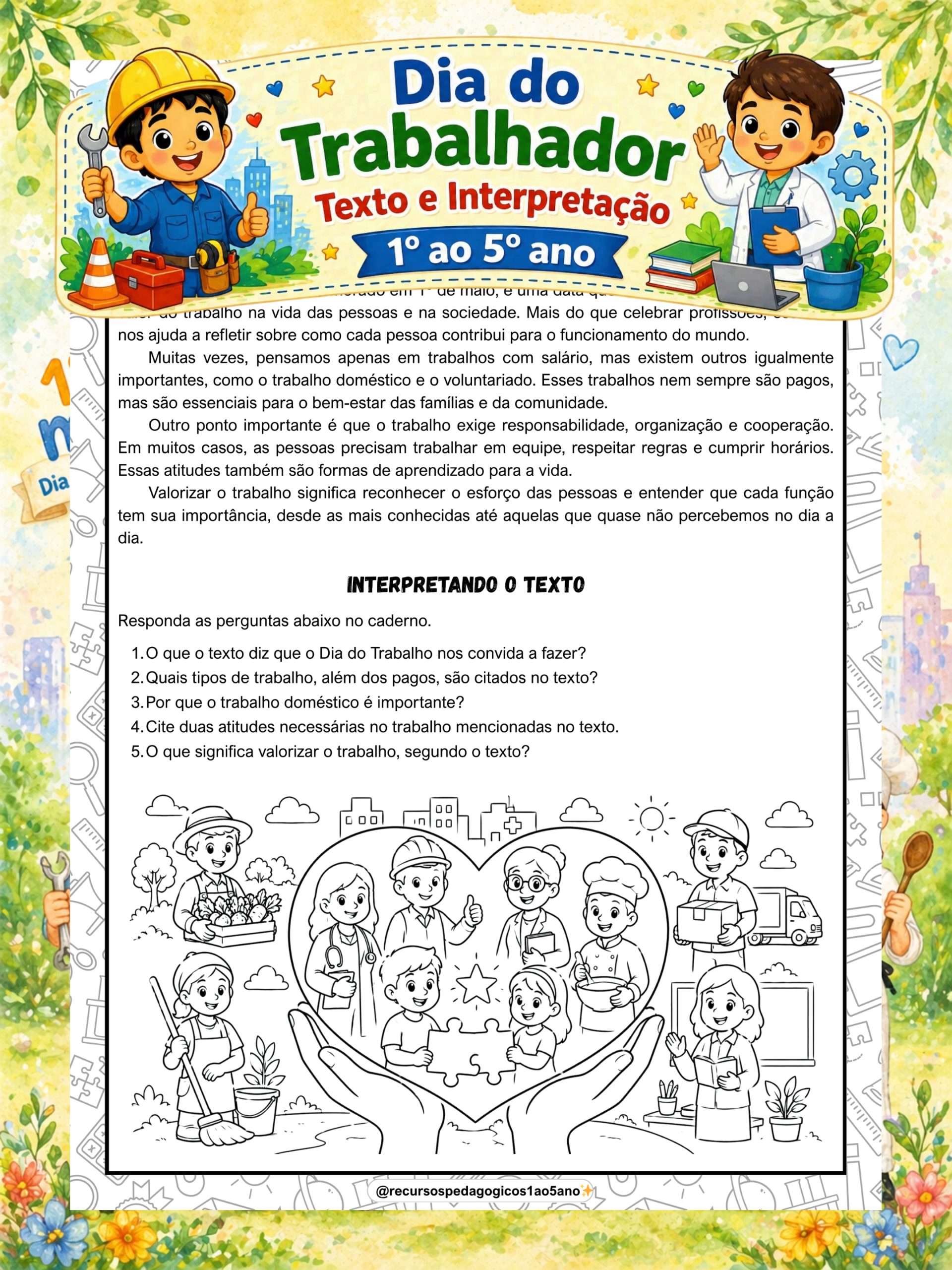 Dia do trabalhador – 1º de maio - 1º ao 5º ano – PDF para Imprimir | Anos Iniciais — amostra 1: 👷‍♂️📚 Dia do trabalhador…