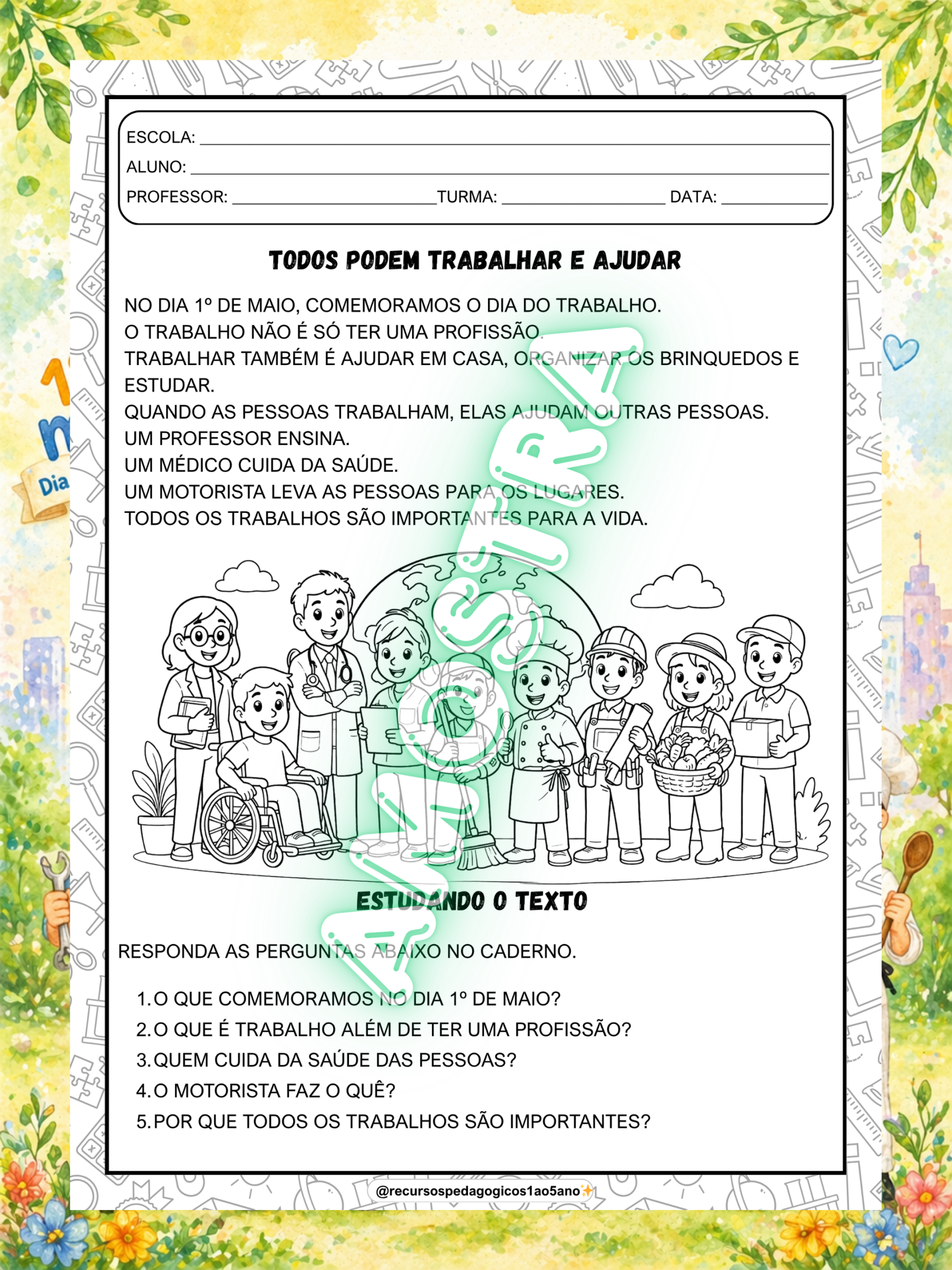 Dia do trabalhador – 1º de maio - 1º ao 5º ano – PDF para Imprimir | Anos Iniciais — amostra 2: Dia do trabalhador – Kit…