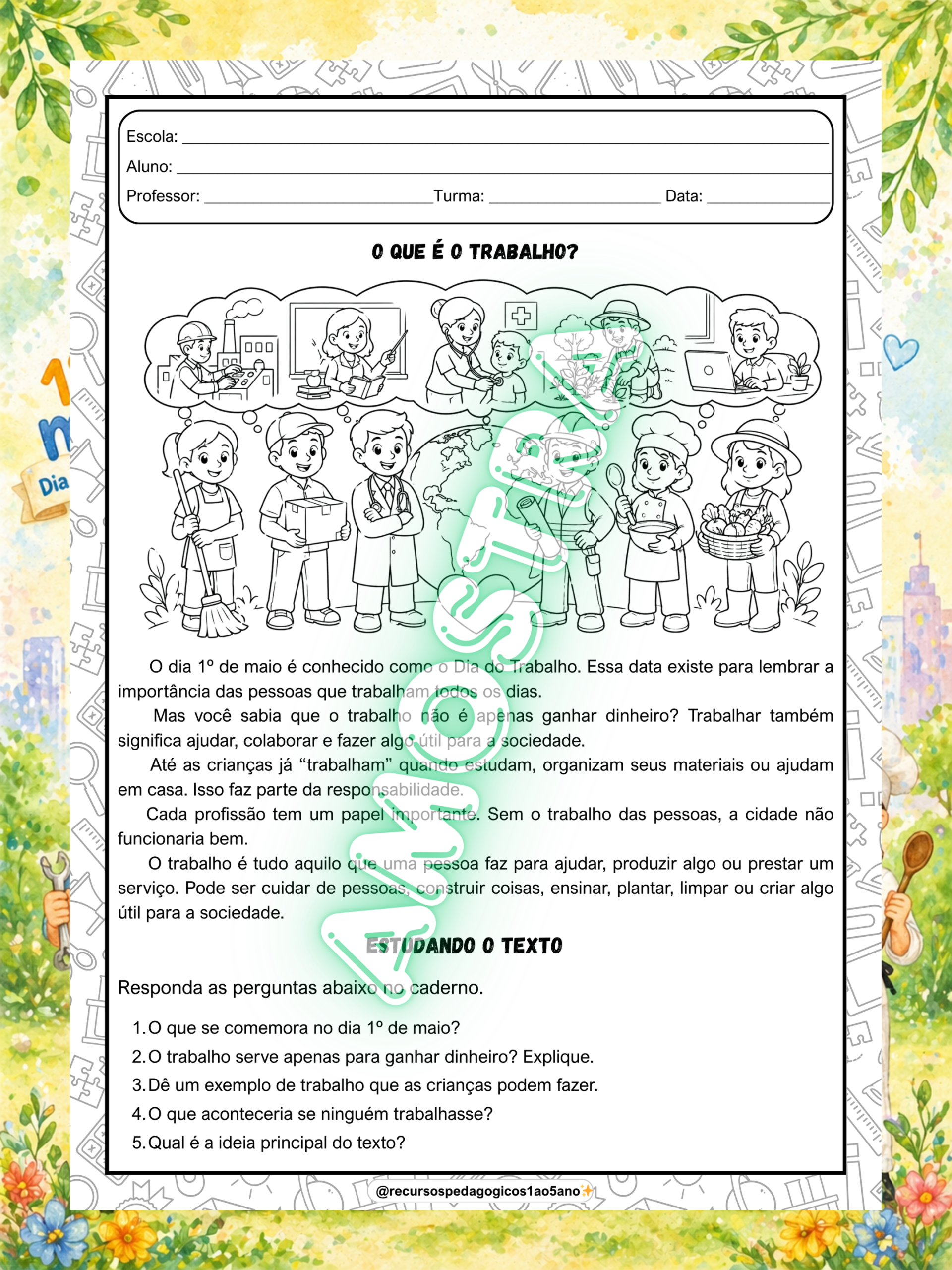 Dia do trabalhador – 1º de maio - 1º ao 5º ano – PDF para Imprimir | Anos Iniciais — amostra 3: Dia do trabalhador – Kit…