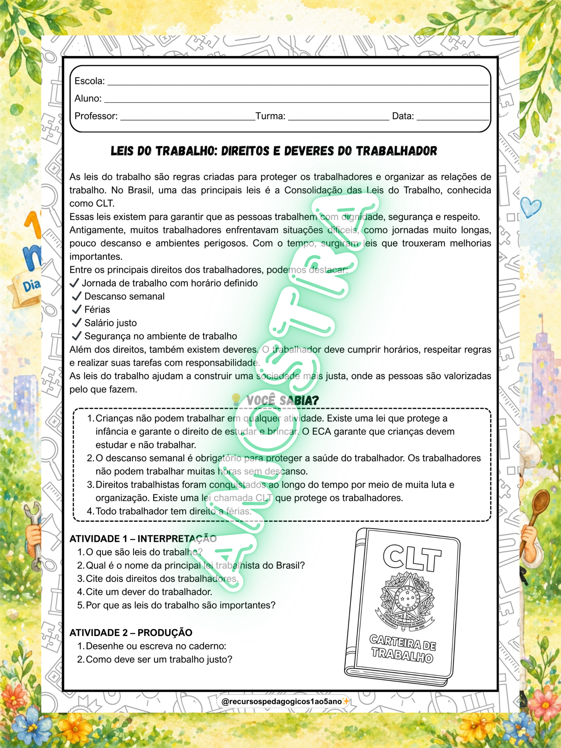 Dia do trabalhador – 1º de maio - 1º ao 5º ano – PDF para Imprimir | Anos Iniciais — amostra 6: Dia do trabalhador – Kit…