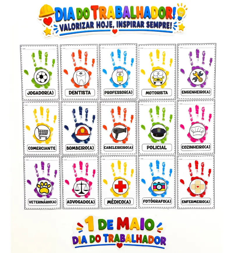 Dia do Trabalhador na Educação Infantil: Carimbo de Mão — amostra 1: Dia do Trabalhador com carimbo de mão