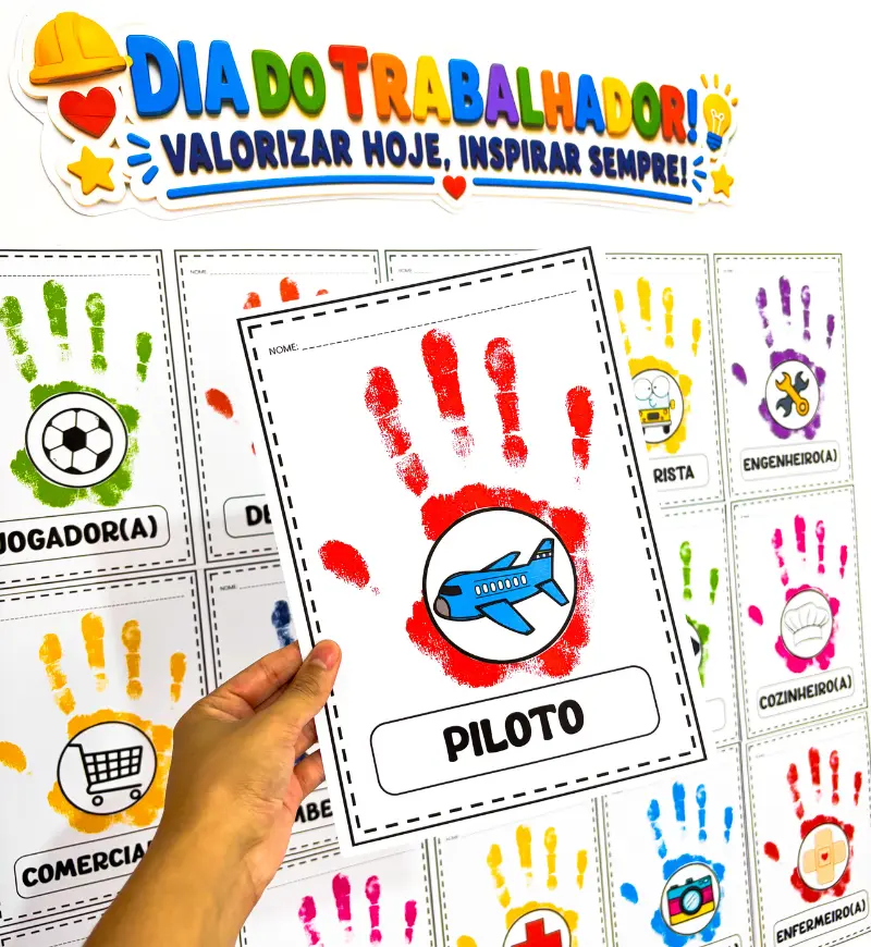 Dia do Trabalhador na Educação Infantil: Carimbo de Mão — amostra 2: O que vem no material