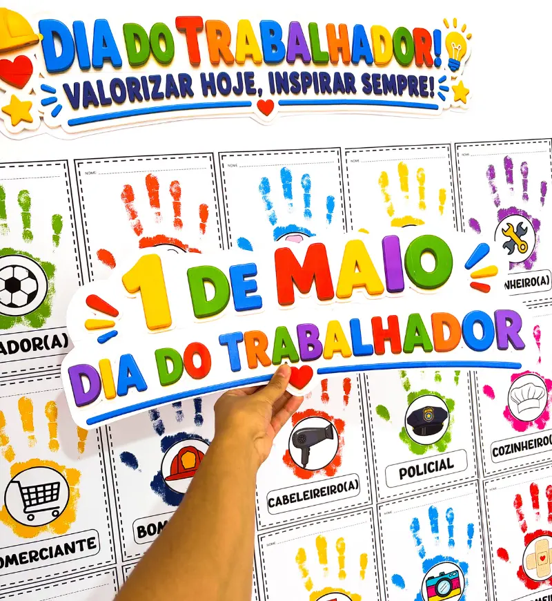 Dia do Trabalhador na Educação Infantil: Carimbo de Mão — amostra 5: Explore profissões com pintura e carimbo de mão na…