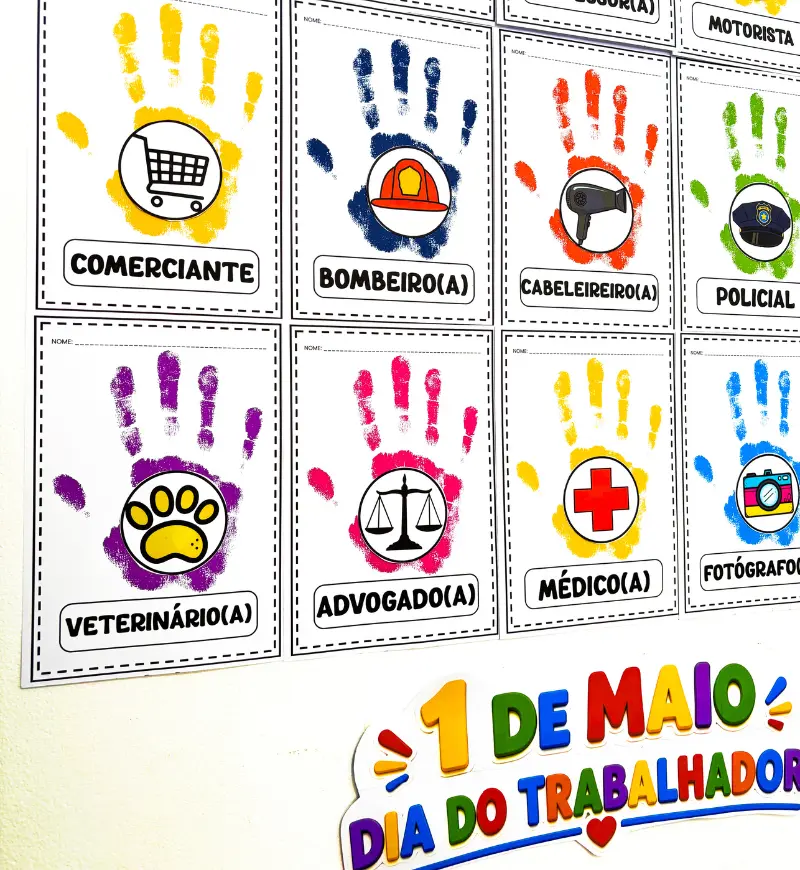 Dia do Trabalhador na Educação Infantil: Carimbo de Mão — amostra 6: Explore profissões com pintura e carimbo de mão na…