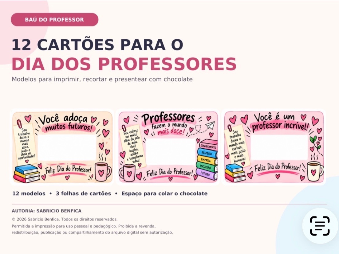 Dia dos Professores – 12 Cartões para Chocolate em PDF — Datas comemorativas para Todas as séries: Kit com 12 cartões para…